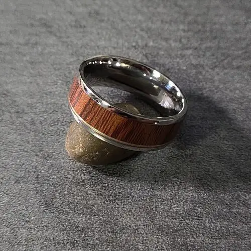 Think Engraved Promise Ring Personalized Men's Promise Ring - Silver With Wood Inlay Stainless Steel