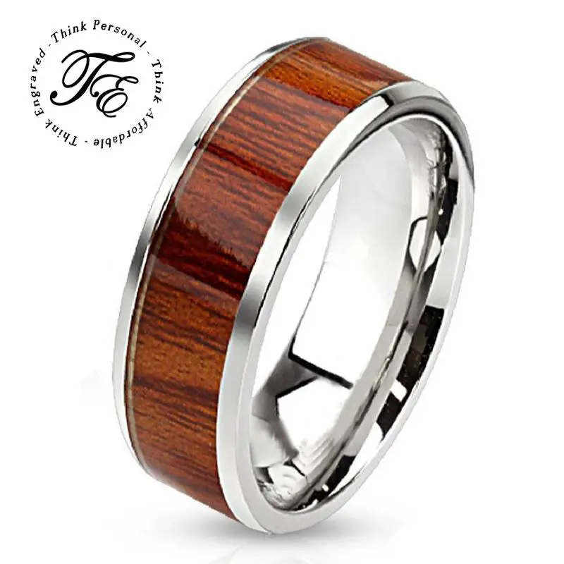 Think Engraved Promise Ring Personalized Men's Promise Ring - Silver With Wood Inlay Stainless Steel
