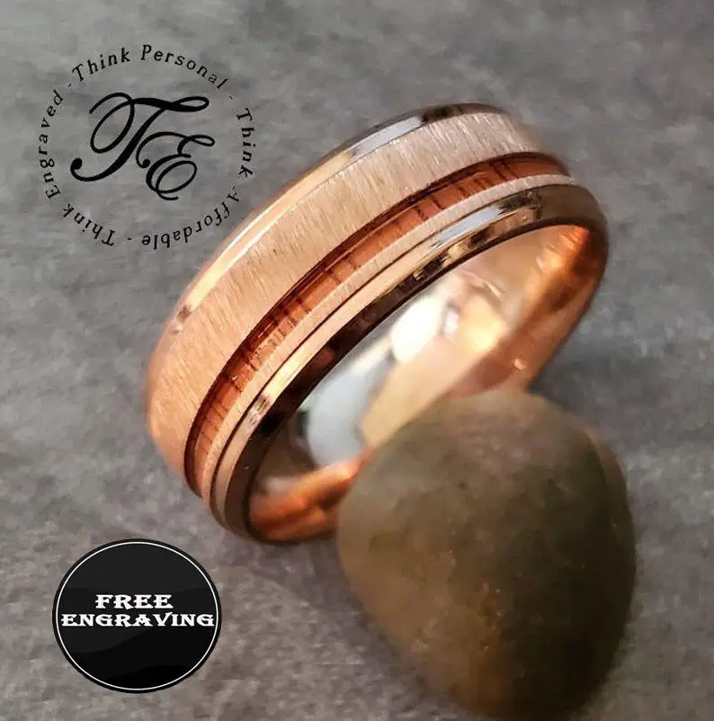 Think Engraved Promise Ring Personalized Men's Rose Gold Promise Ring - Koa Wood Inlay