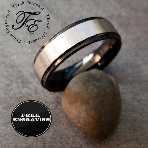 Think Engraved Promise Ring Personalized Women's Promise Ring - Beveled Black and Brushed Stainless Steel