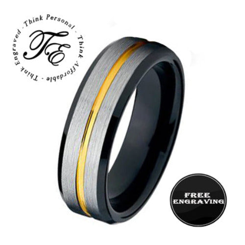 Think Engraved wedding Band 6 Men's Personalized Silver and Black wedding Ring With Gold Filled Groove