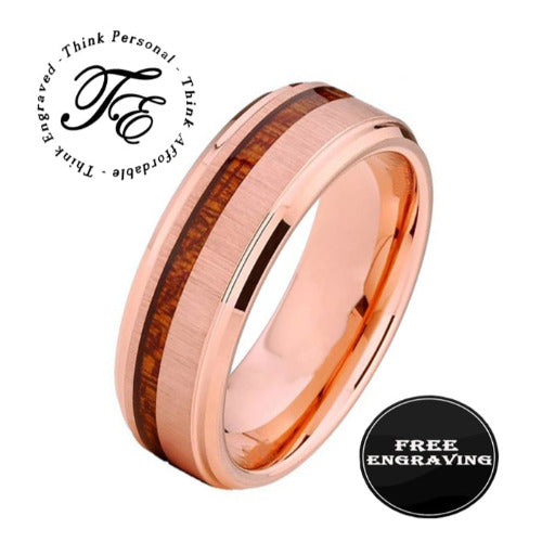 Think Engraved wedding Band 6 Personalized Men's Rose Gold Wedding Ring Koa Wood Inlay