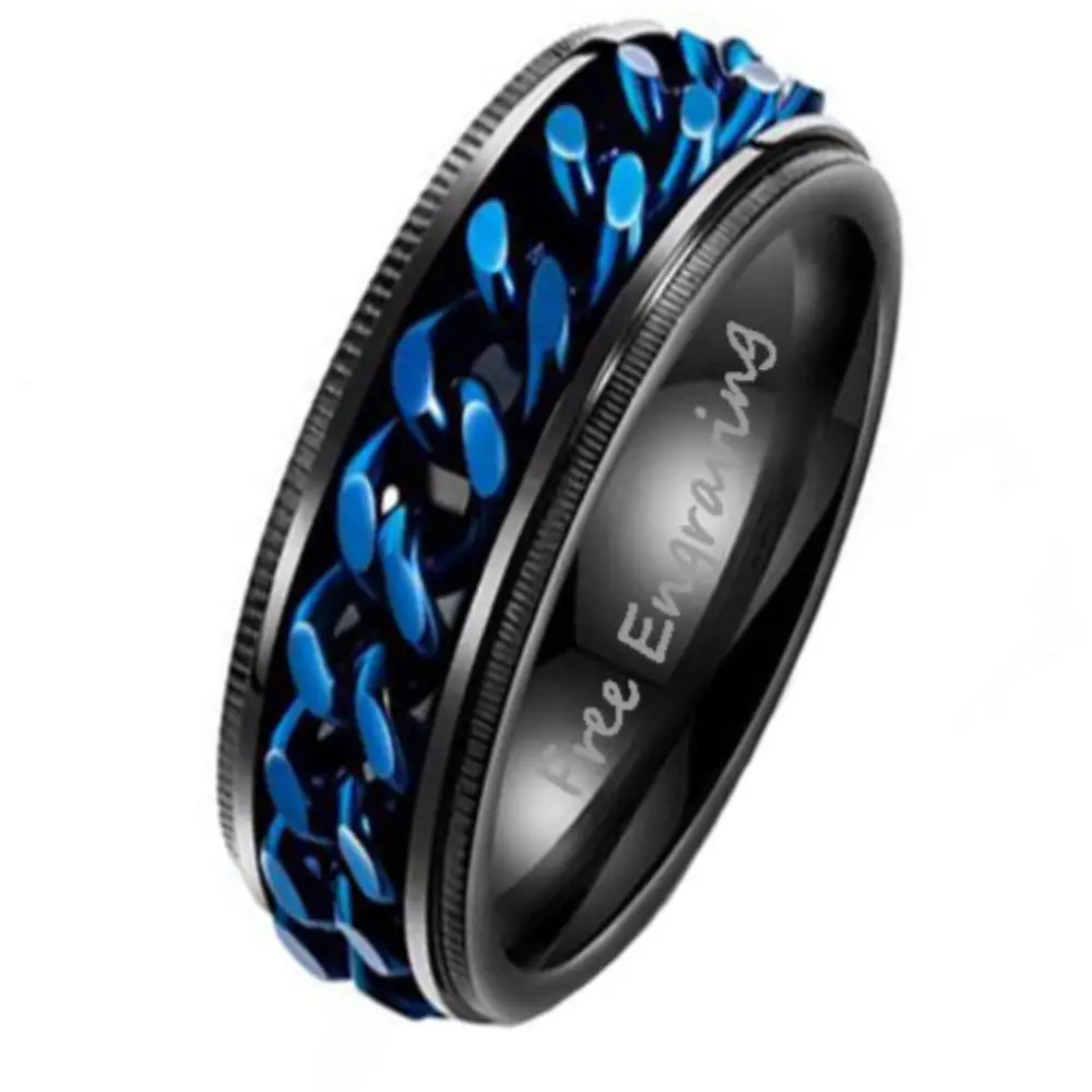 Think Engraved wedding Band 6 Personalized Men's Wedding Spinner Ring - Black and Blue Spinner Ring