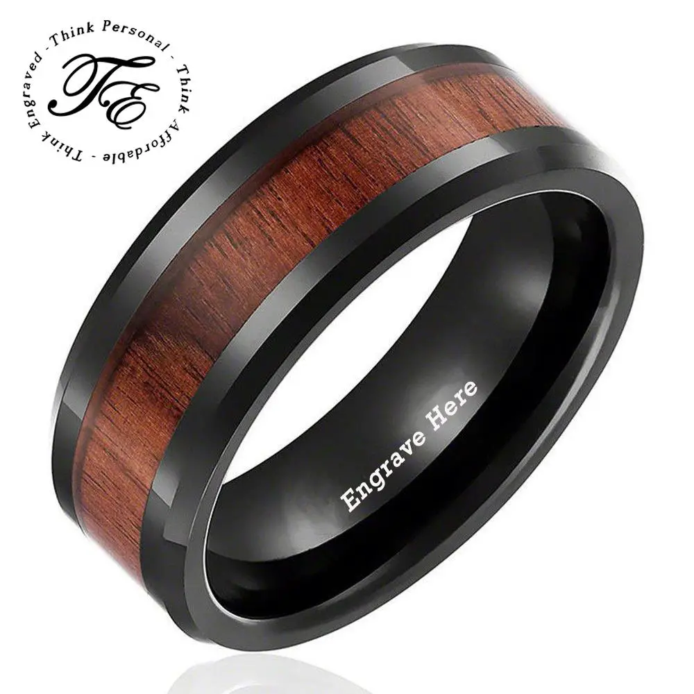 Think Engraved wedding Band 7 Personalized Men's Wedding Band - Black With Wood Inlay Stainless Steel
