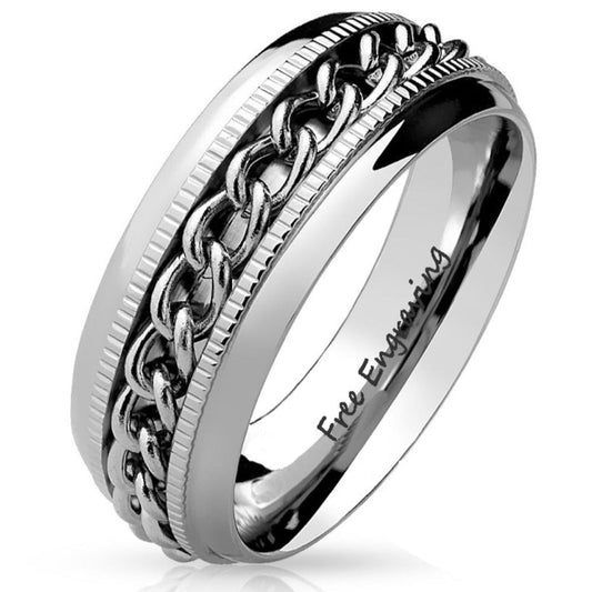Think Engraved wedding Band 7 Personalized Men's Wedding Band - Silver Chain Spinner Stainless Steel