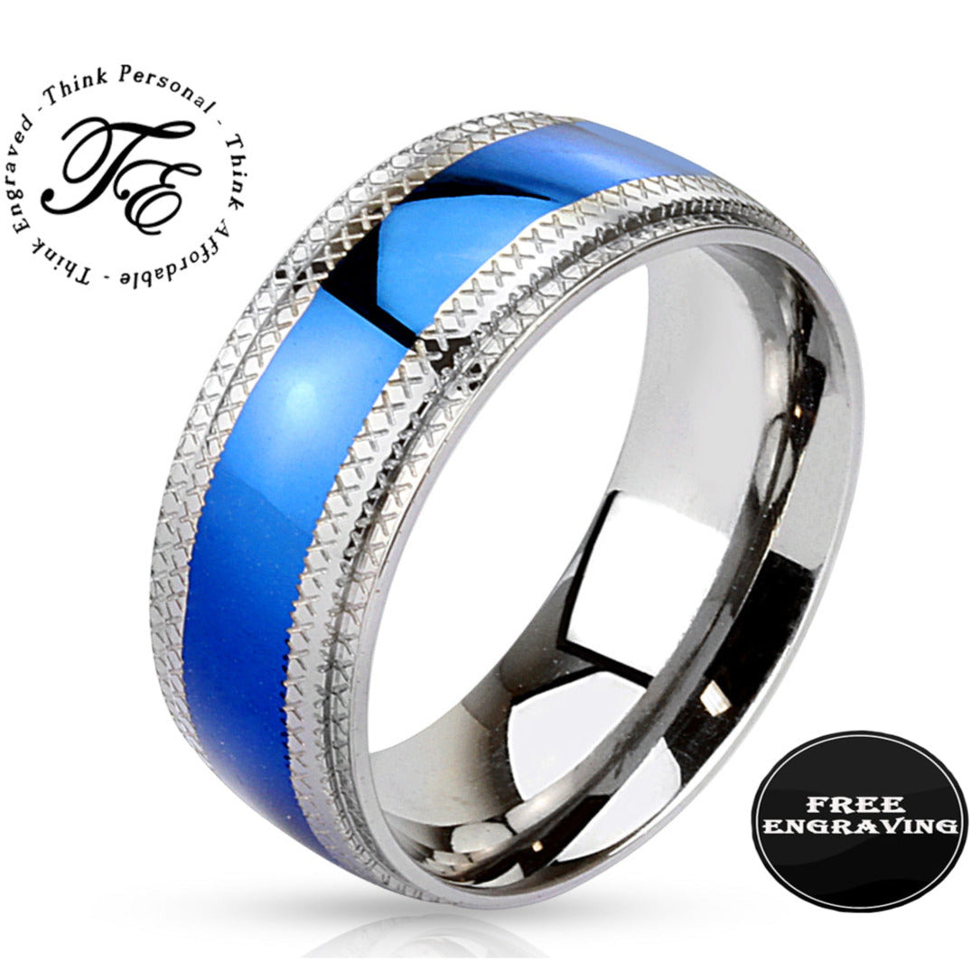 Think Engraved wedding Band 9 Custom Engraved Man's Blue Wedding Ring - Personalized wedding Ring For Guys