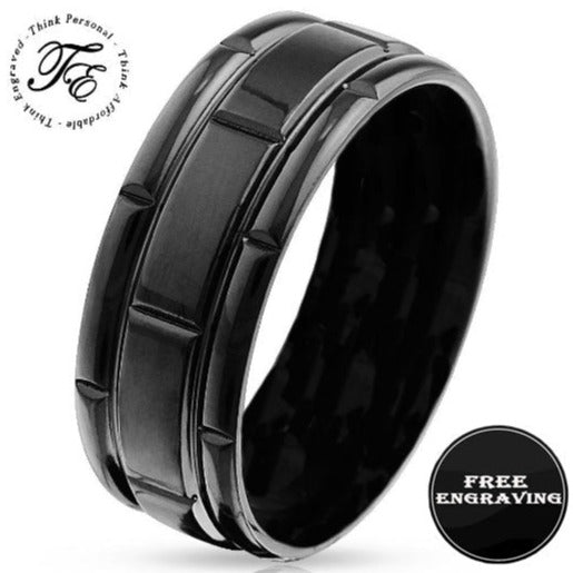 Think Engraved wedding Band 9 Custom Engraved Men's Black Wedding Ring - Black Square Grooves Stainless Steel