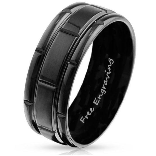 Think Engraved wedding Band 9 Custom Engraved Men's Black Wedding Ring - Black Square Grooves Stainless Steel