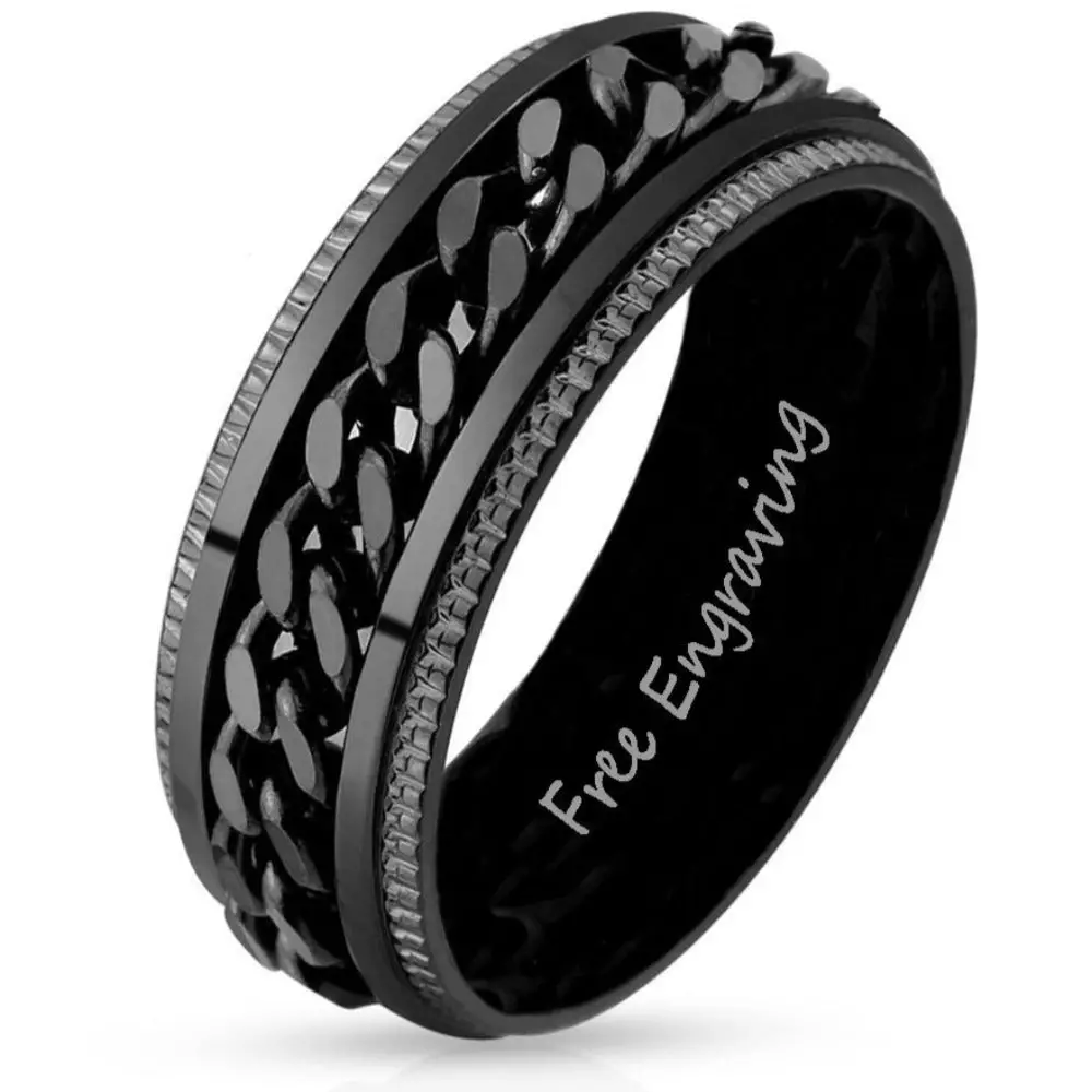 Think Engraved wedding band 9 Personalized Men's Black Chain Spinner Wedding Ring - Engraved Handwriting Ring