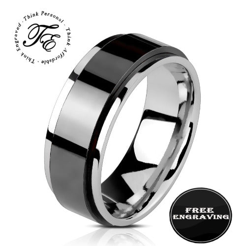 Think Engraved wedding Band 9 Personalized Men's Wedding Band - Black and Silver Fidget Spinner Ring