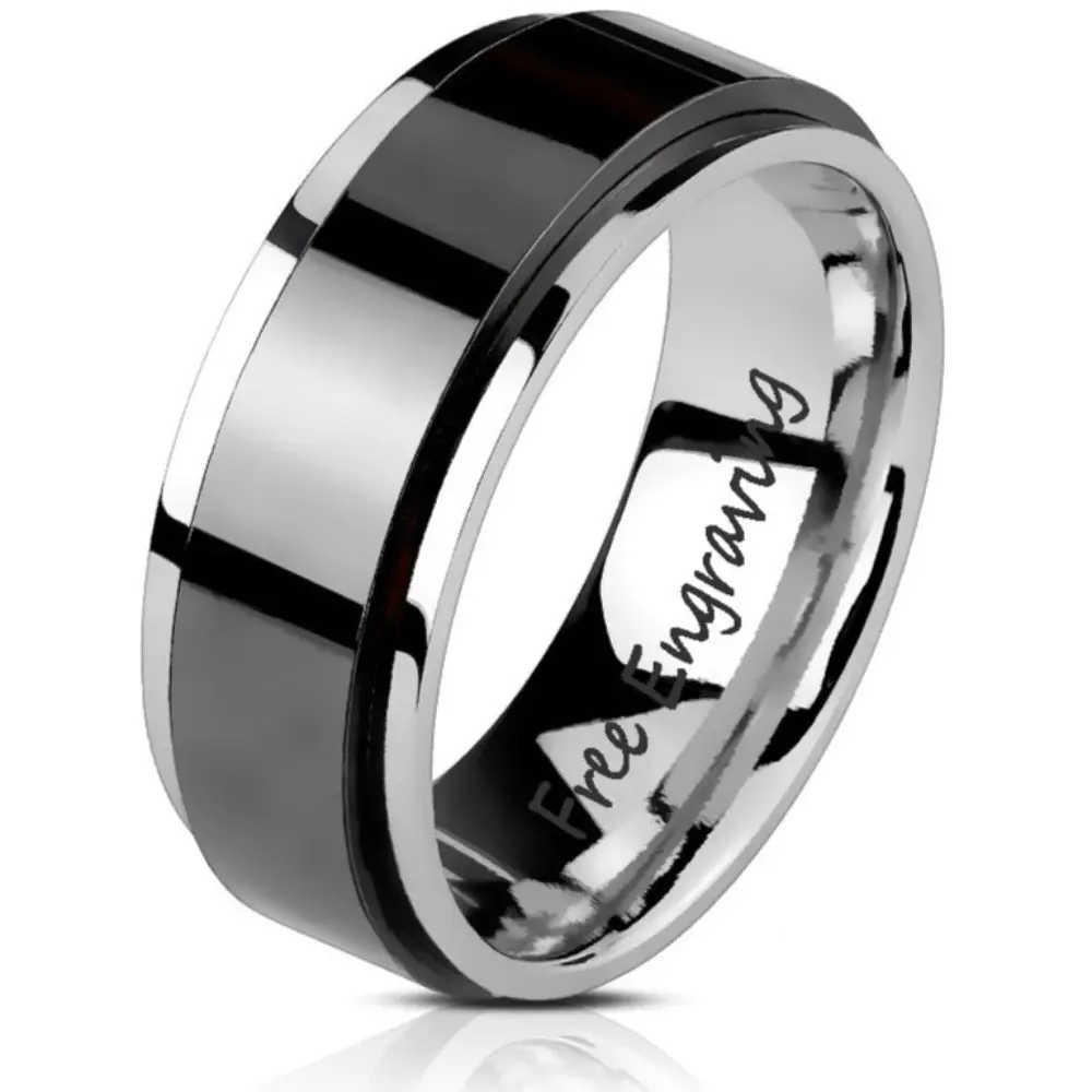 Think Engraved wedding Band 9 Personalized Men's Wedding Band - Black and Silver Fidget Spinner Ring