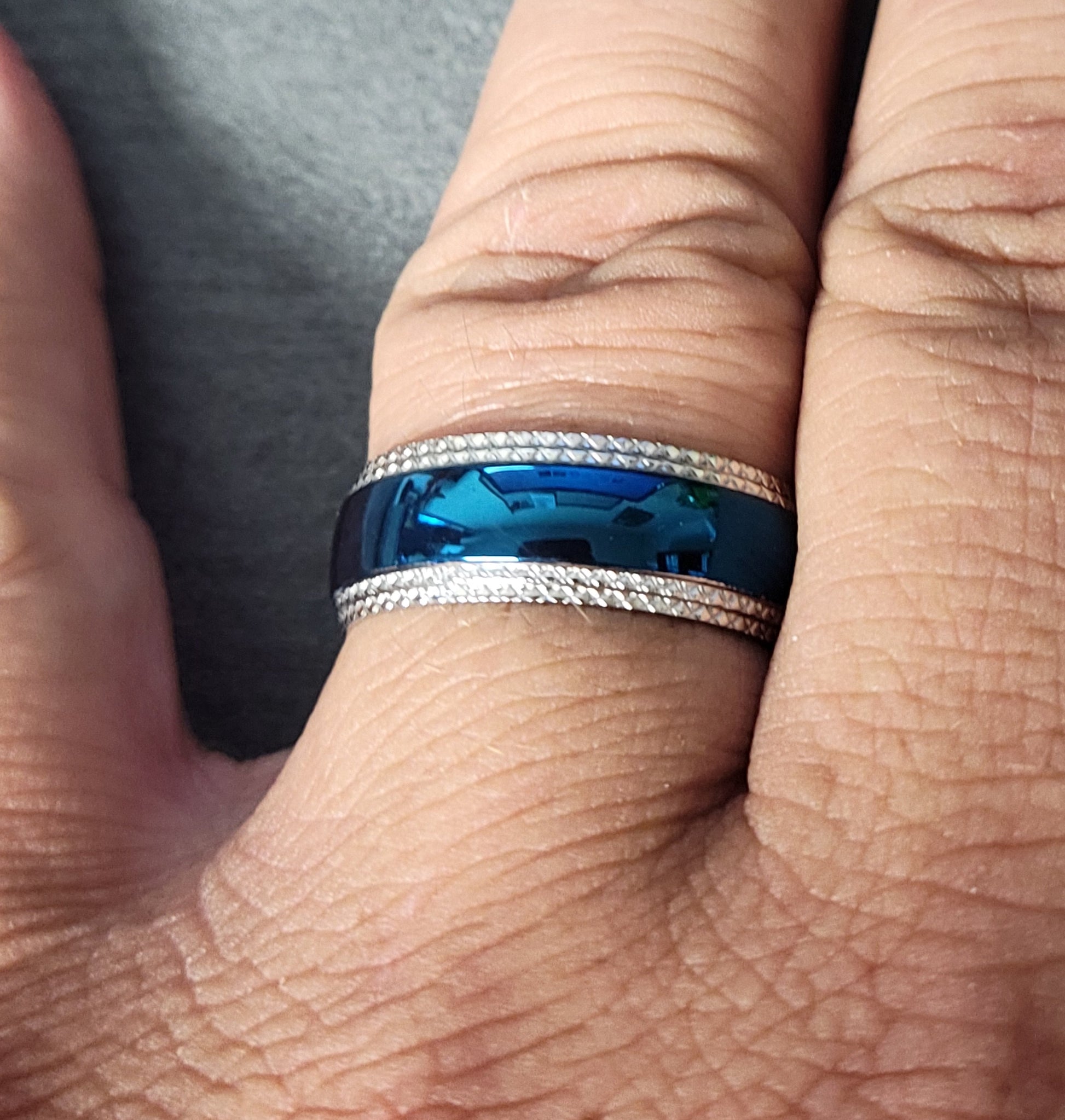 Think Engraved wedding Band Custom Engraved Man's Blue Wedding Ring - Personalized wedding Ring For Guys