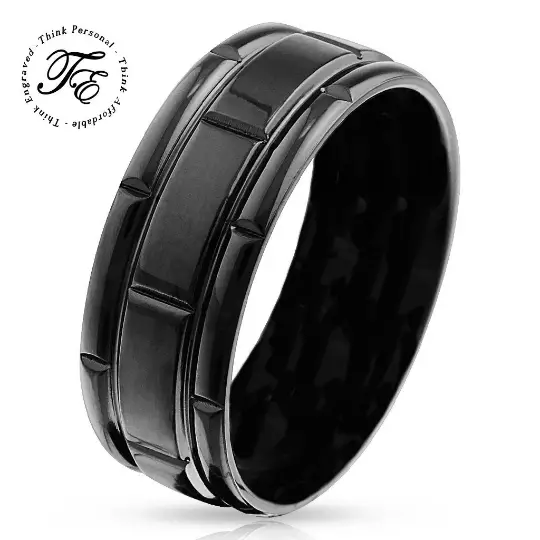 Think Engraved wedding Band Custom Engraved Men's Black Wedding Ring - Black Square Grooves Stainless Steel