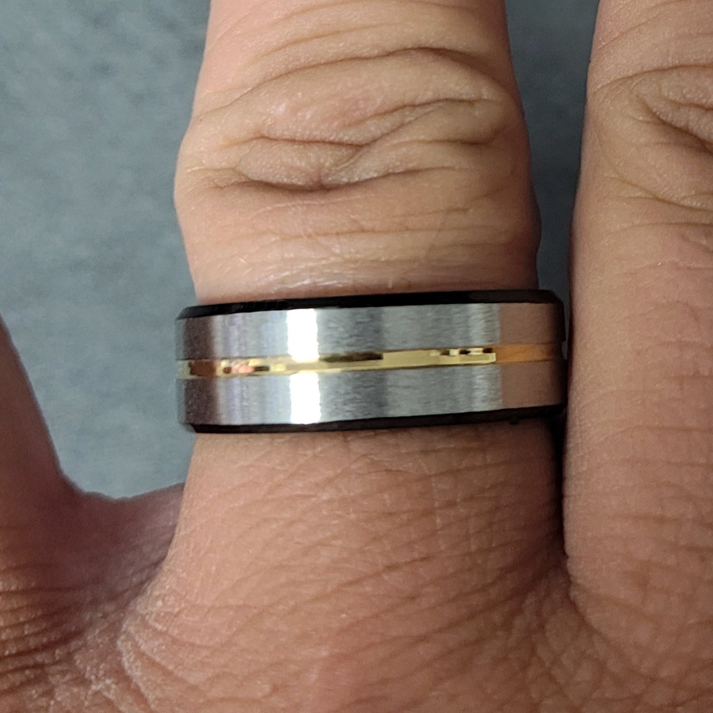 Think Engraved wedding Band Men's Personalized Silver and Black wedding Ring With Gold Filled Groove