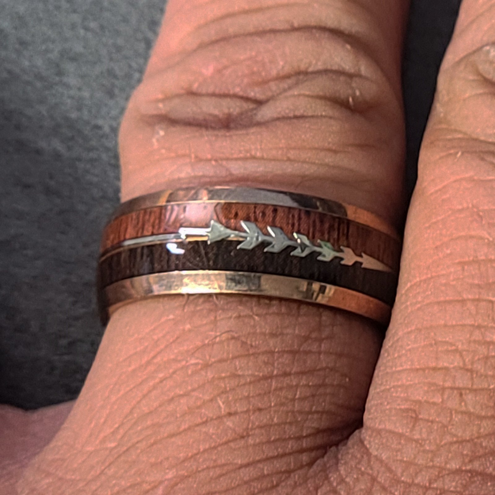 Think Engraved wedding Band Mens Personalized Rose Gold Wedding Ring African Wood and Koa Wood