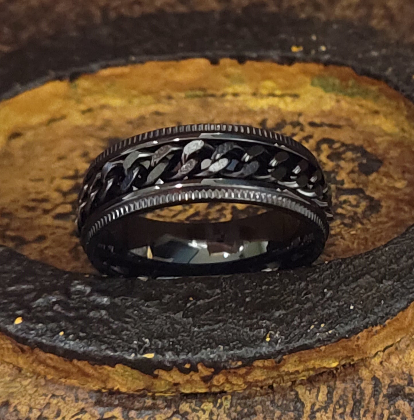 Think Engraved wedding band Personalized Men's Black Chain Spinner Wedding Ring - Engraved Handwriting Ring