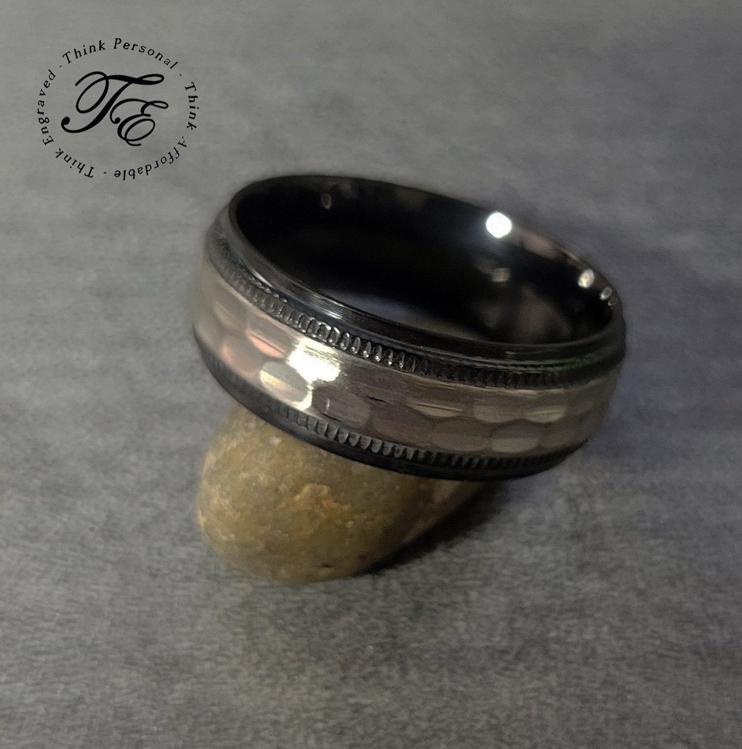 Think Engraved wedding Band Personalized Men's Hammered Titanium Wedding Ring - Wedding Ring For Guys