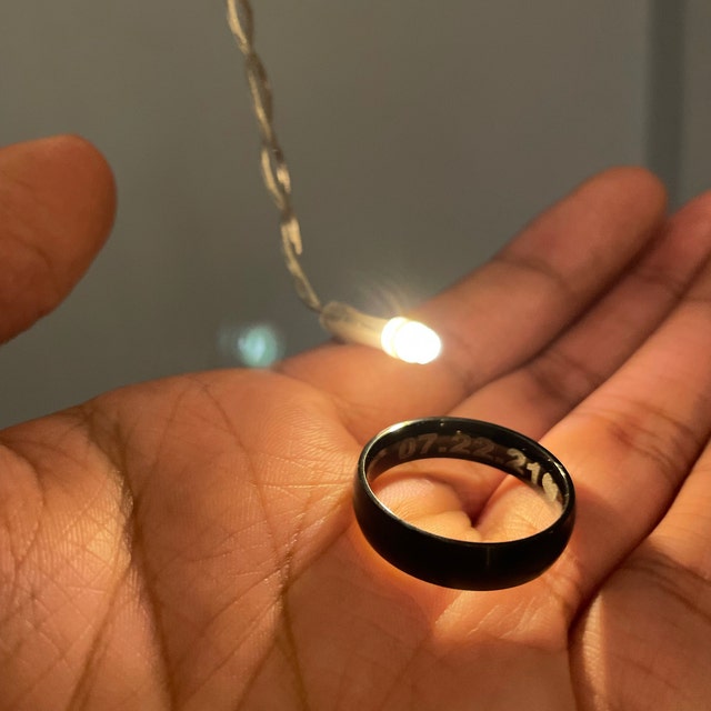 Think Engraved wedding Band Personalized Men's Matte Black Wedding Ring - Engraved Hand Writing Ring