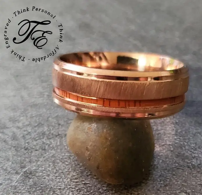 Think Engraved wedding Band Personalized Men's Rose Gold Wedding Ring Koa Wood Inlay
