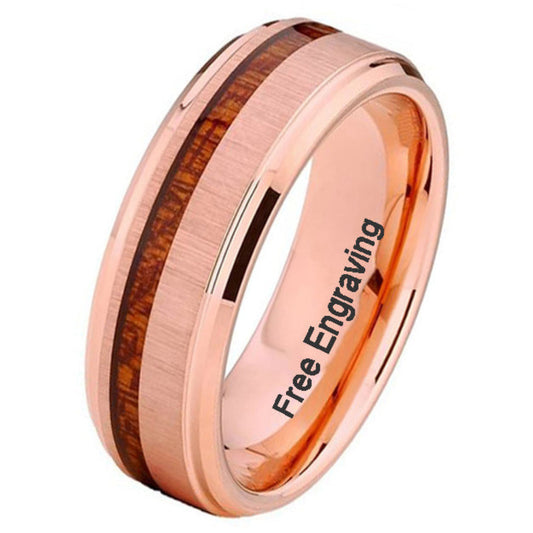 Think Engraved wedding Band Personalized Men's Rose Gold Wedding Ring Koa Wood Inlay