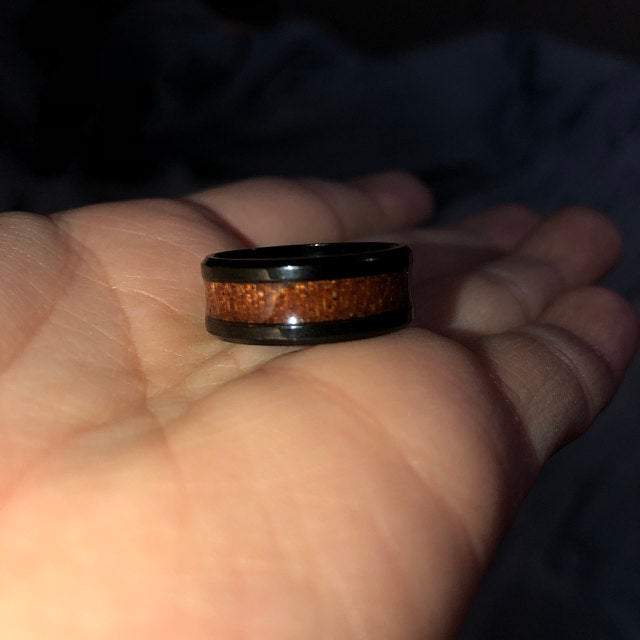 Think Engraved wedding Band Personalized Men's Wedding Band - Black With Wood Inlay Stainless Steel
