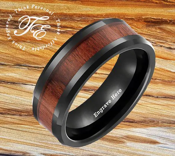 Think Engraved wedding Band Personalized Men's Wedding Band - Black With Wood Inlay Stainless Steel