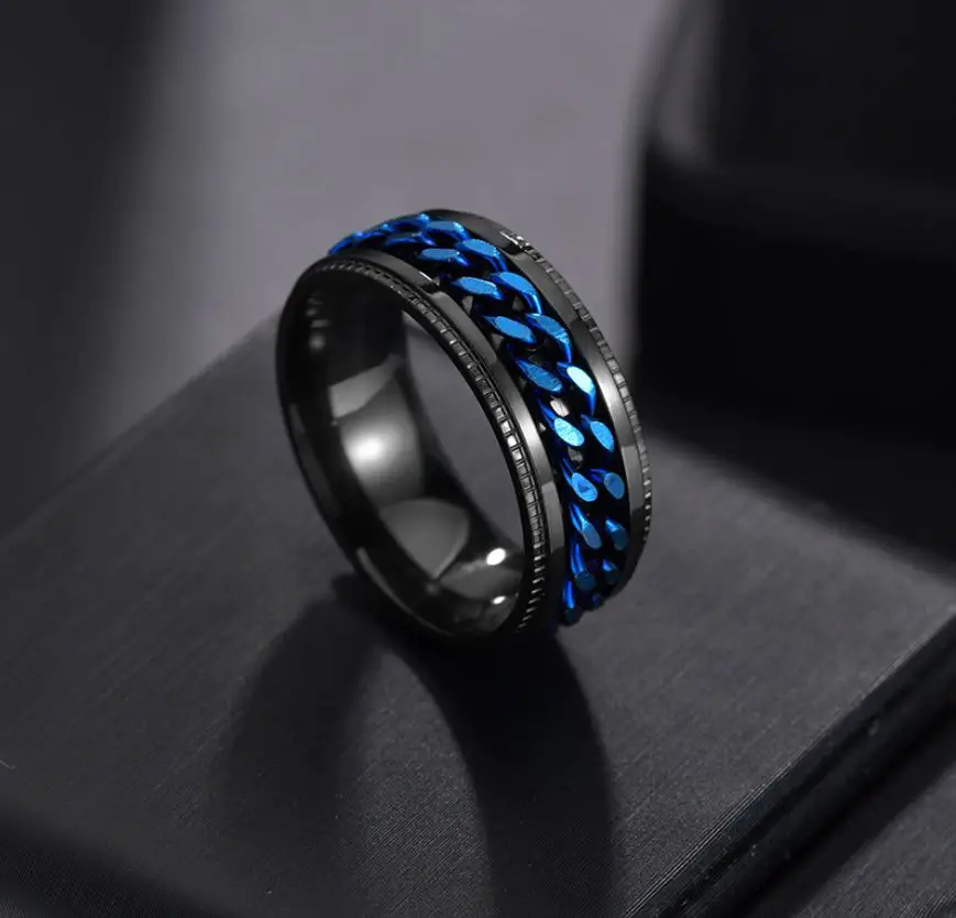 Think Engraved wedding Band Personalized Men's Wedding Spinner Ring - Black and Blue Spinner Ring