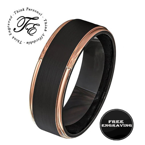 Think Engraved wedding Ring 6 Men's Personalized Black and Rose Gold Wedding Ring Rose Gold Edges
