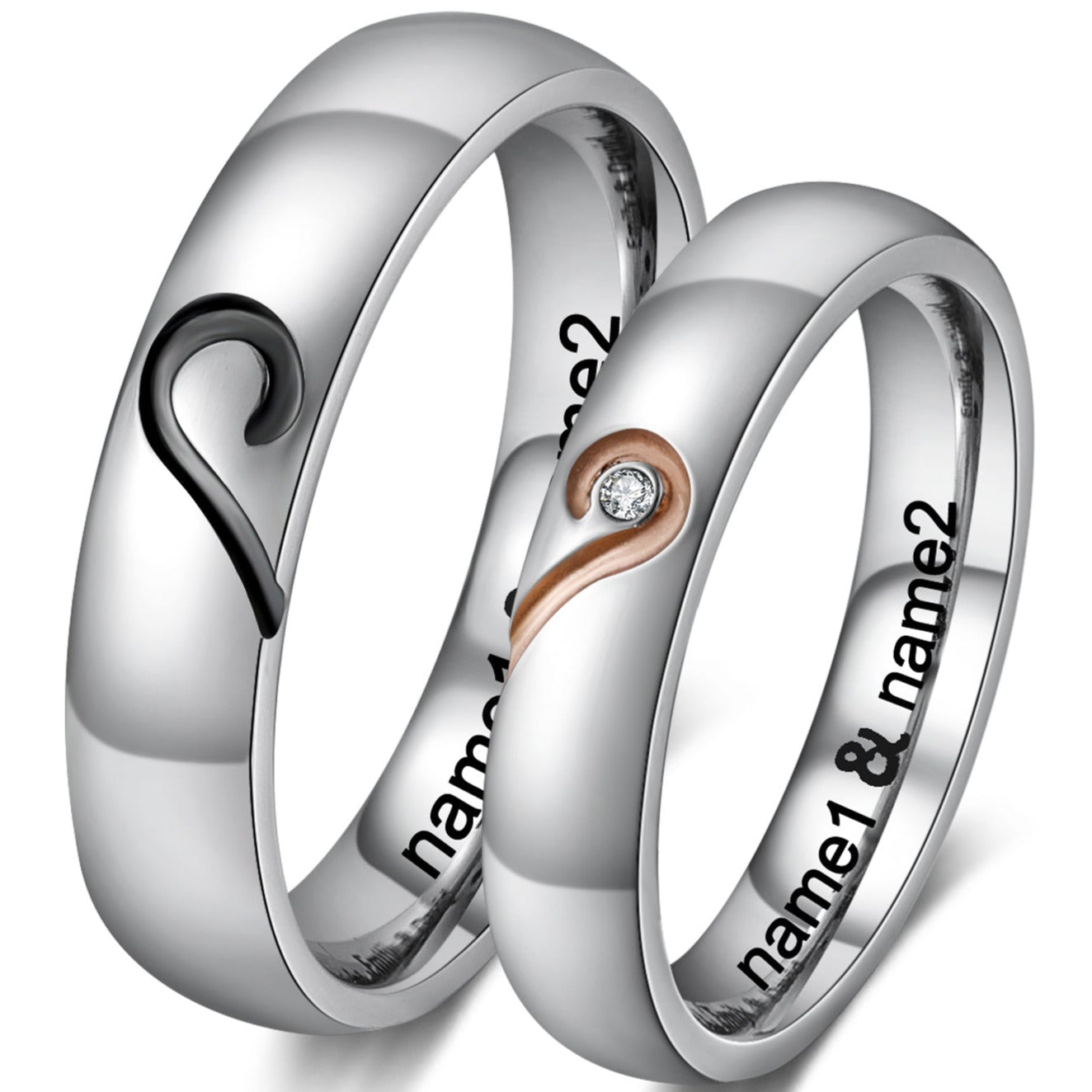 Think Engraved wedding Ring 8 / 5 Personalized His and Hers Promise or Wedding Ring Set Matching Hearts Couples Rings