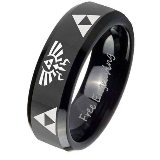 Think Engraved wedding Ring 8mm size 9 Personalized Engraved Men's Black Zelda Tri Force Wedding Ring