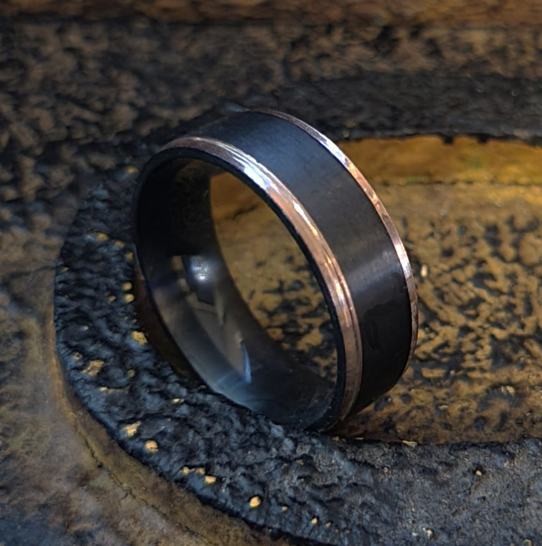 Think Engraved wedding Ring Men's Personalized Black and Rose Gold Wedding Ring Rose Gold Edges