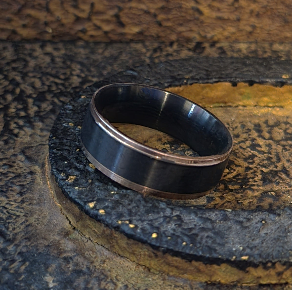 Think Engraved wedding Ring Men's Personalized Black and Rose Gold Wedding Ring Rose Gold Edges