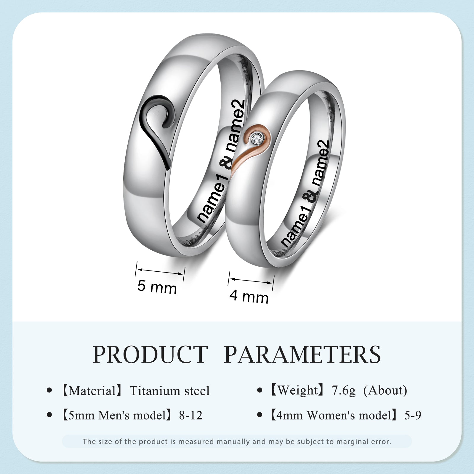 ringheart 2 Rings His and Hers Ring Couple Rings Black Cz Rings Womens  Wedding Ring Sets Titanium Steel Mens Wedding Bands | Amazon.com