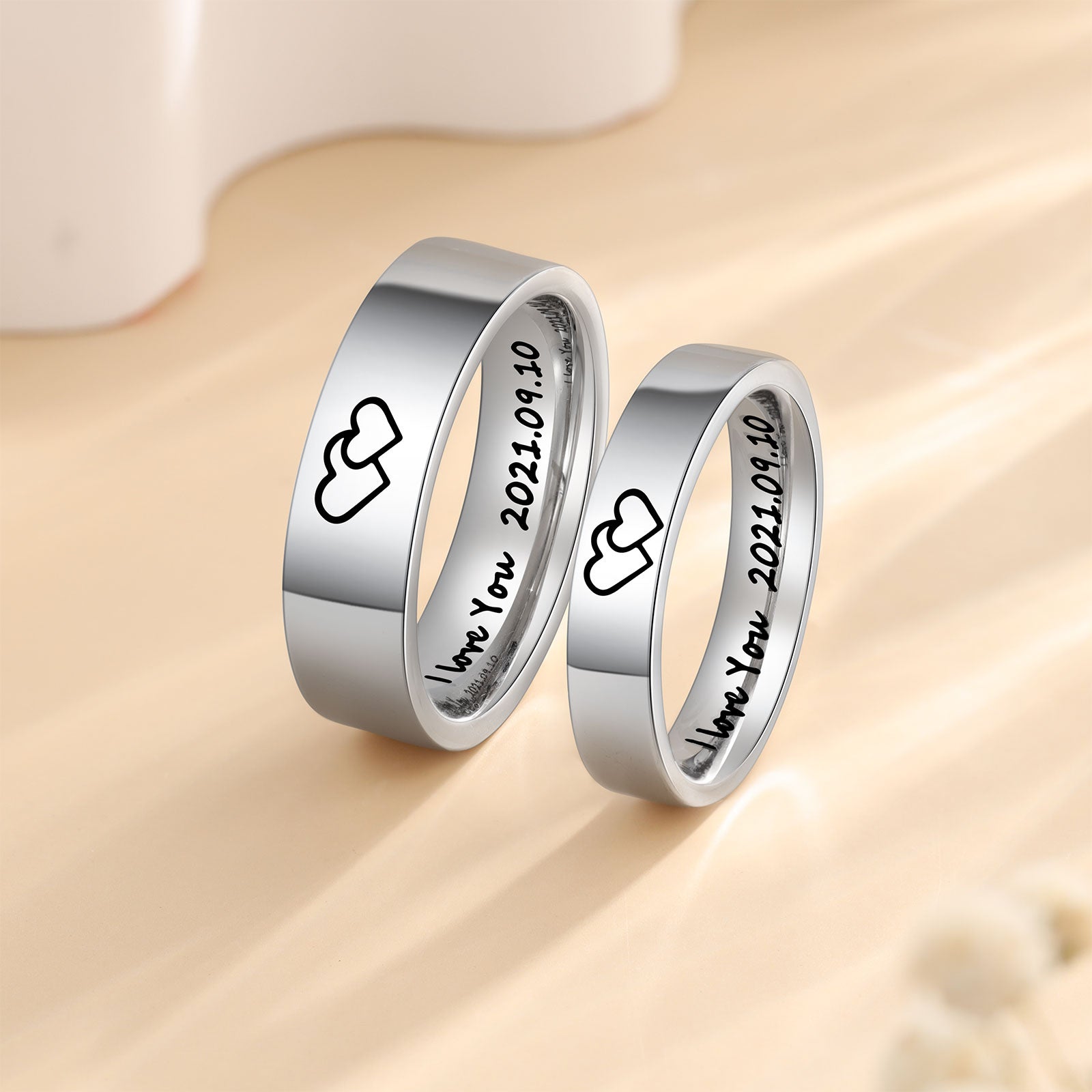 Think Engraved wedding Ring Personalized His and Hers Traditional Promise Ring or Wedding Ring Set Couples Rings