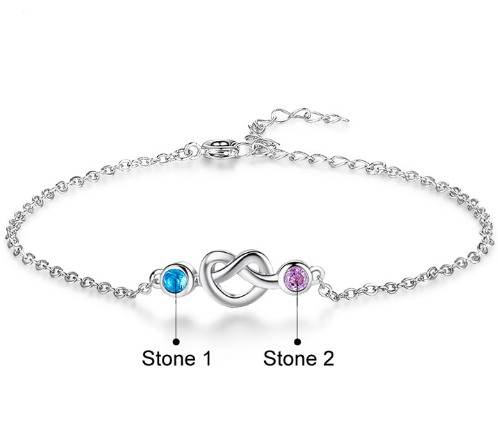 ThinkEngraved birthstone anklet Custom 2 Birthstone Silver Heart Knot Mother's Bracelet - 2 Stone Mom Bracelet
