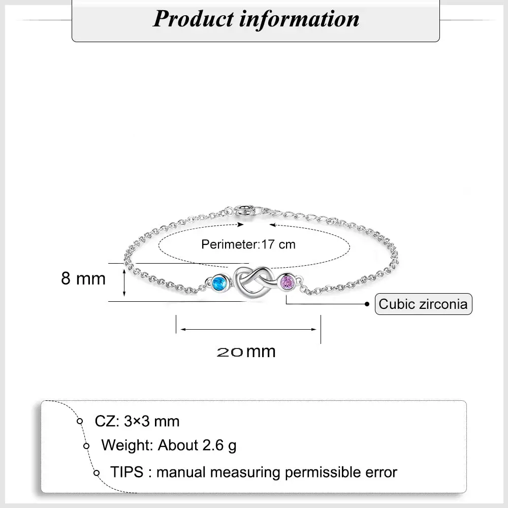 ThinkEngraved birthstone anklet Custom 2 Birthstone Silver Heart Knot Mother's Bracelet - 2 Stone Mom Bracelet