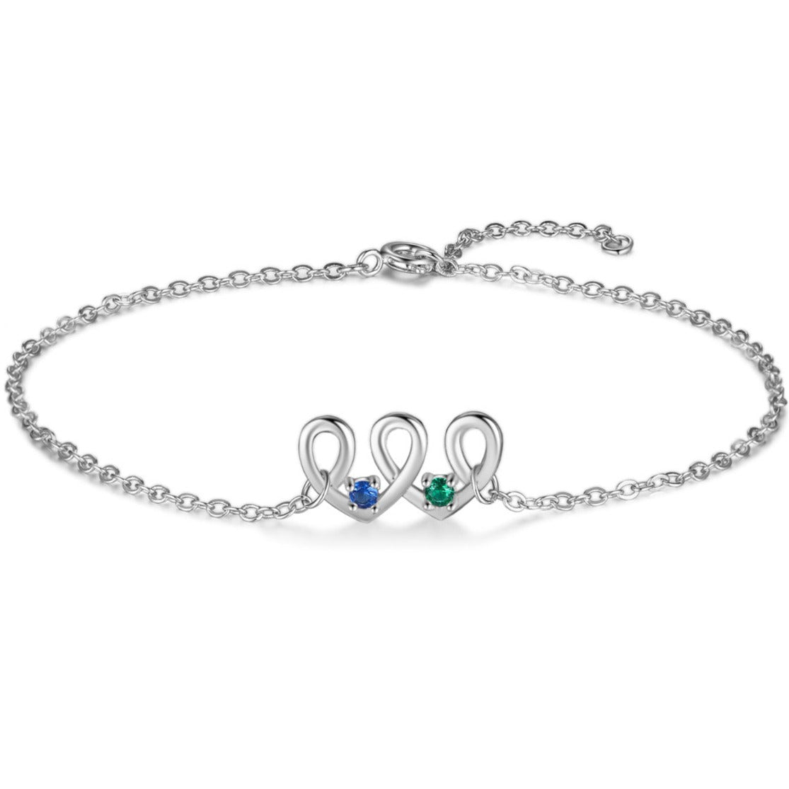 ThinkEngraved birthstone anklet Silver 2 Birthstone Looping Hearts Mother's Bracelet - Custom Mom Bracelet 2 Stone