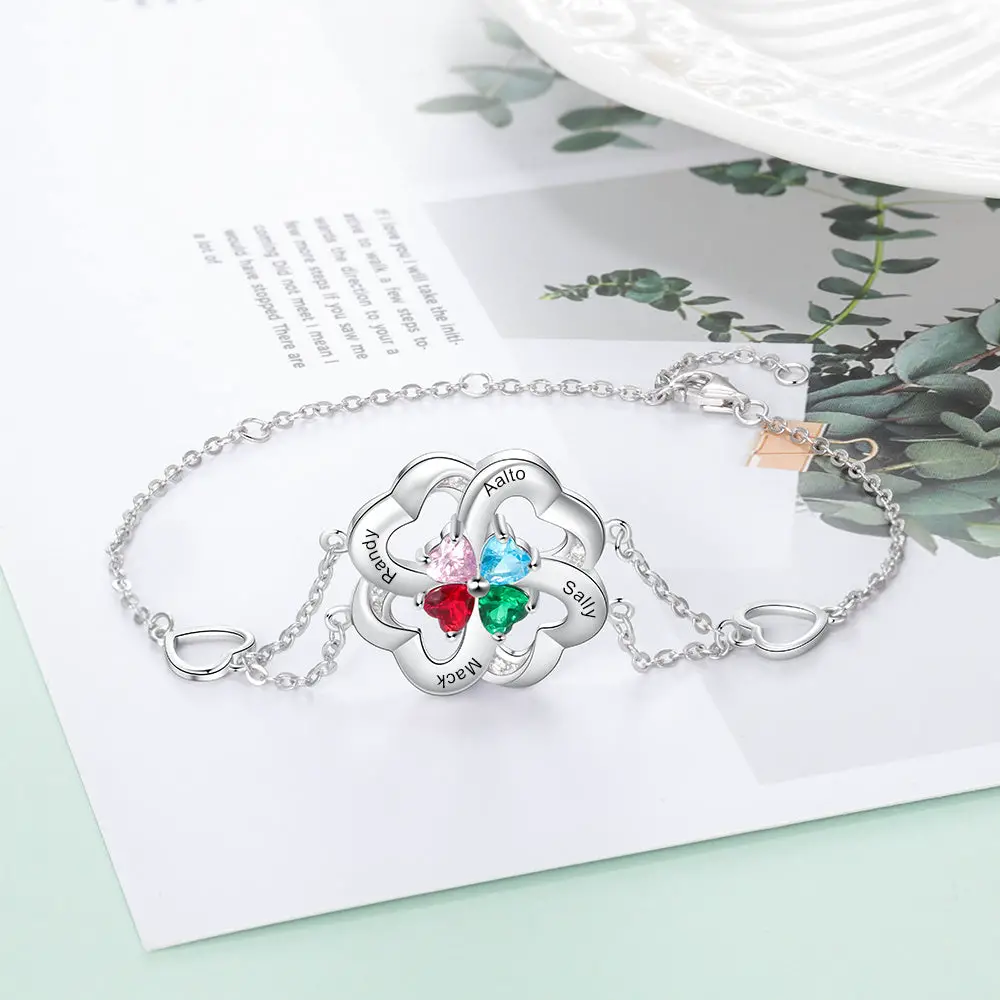 ThinkEngraved birthstone bracelet 4 Stone Heart Flower Mother's Bracelet 4 Engraved Names Silver Mom Bracelet