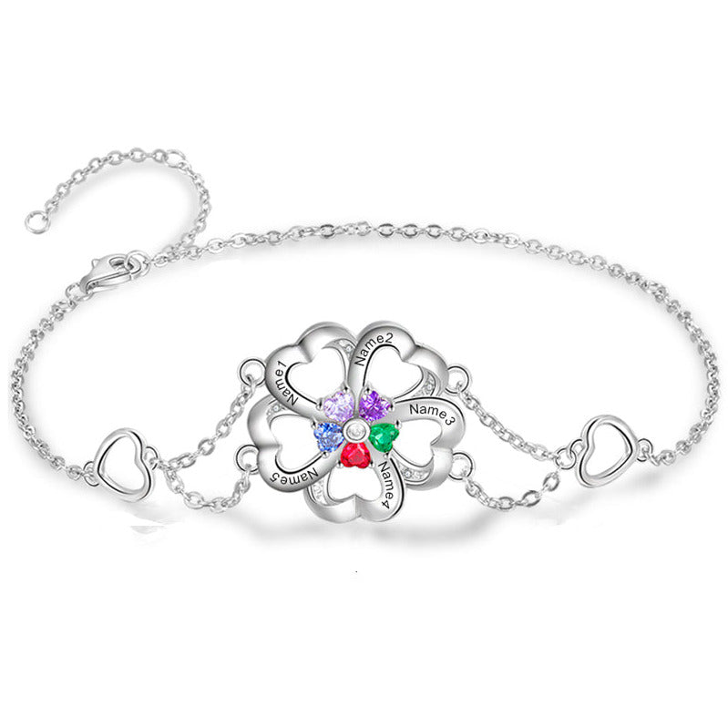 ThinkEngraved birthstone bracelet 5 Stone Heart Flower Mother's Bracelet 5 Engraved Names Silver Mom Bracelet