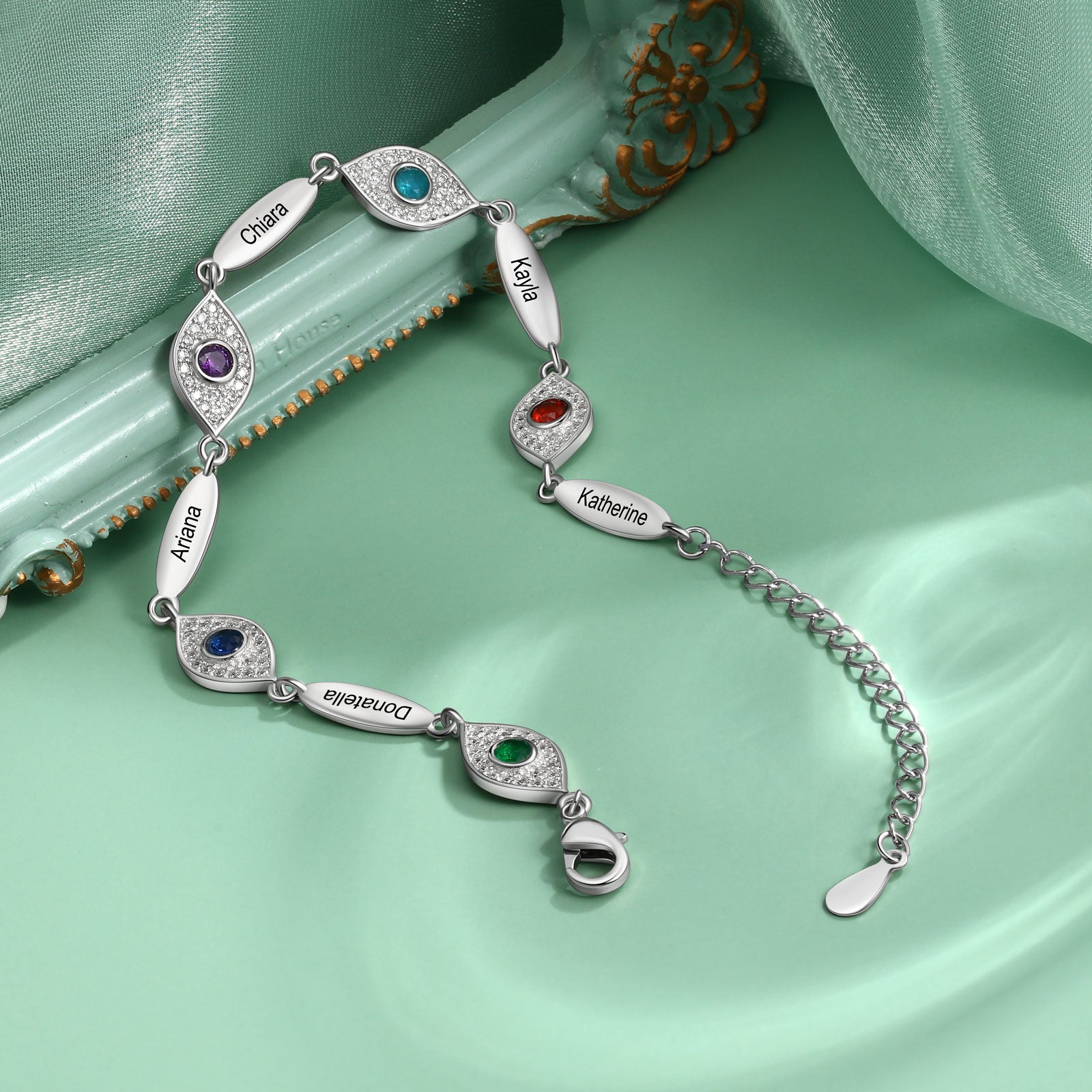 ThinkEngraved birthstone bracelet Custom 5 Birthstone Egyptian Eye Mom Bracelet - 5 Names Mother's Bracelet