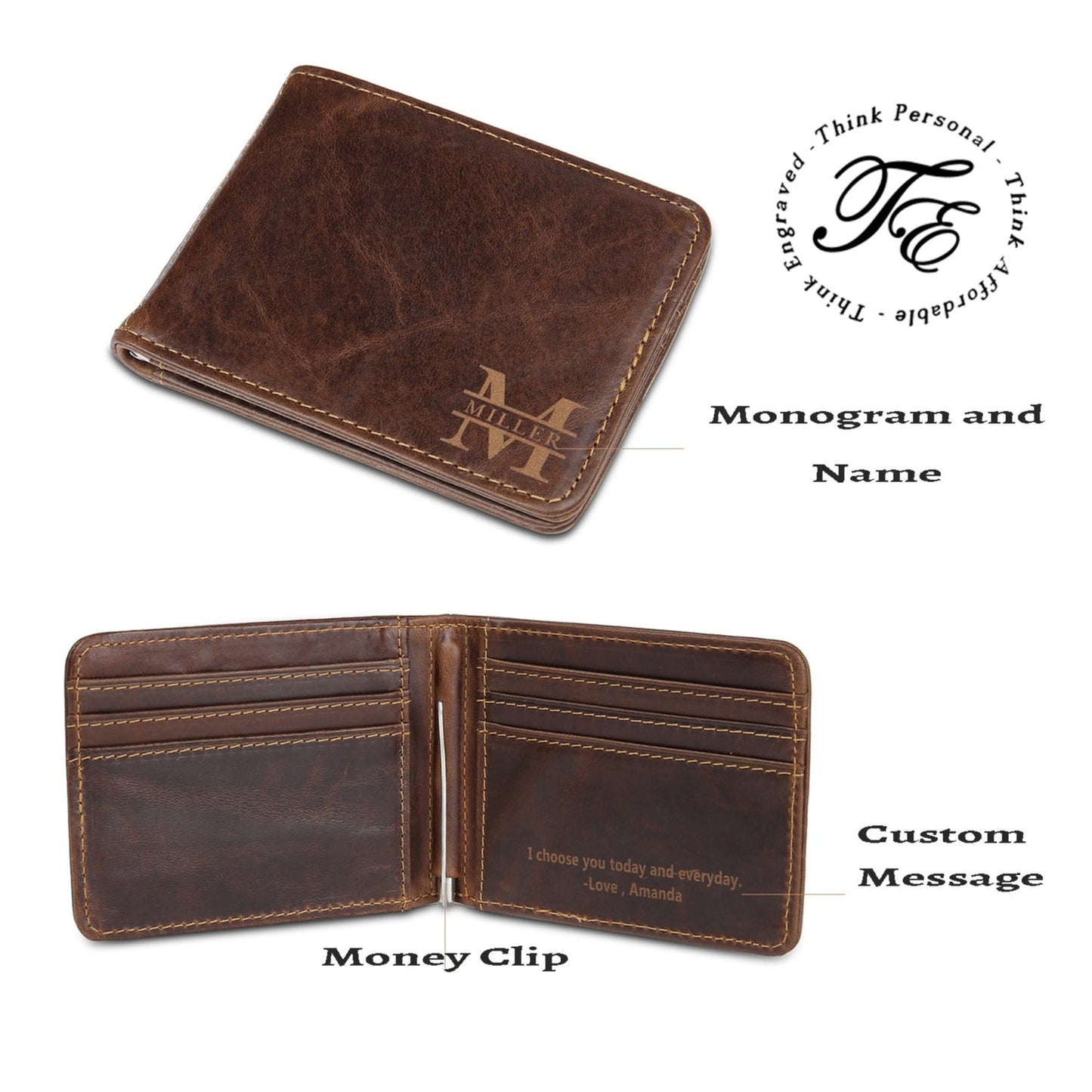ThinkEngraved Custom Keychain Personalized Men's Leather Bi-fold Wallet Card Holder Monogram and Name