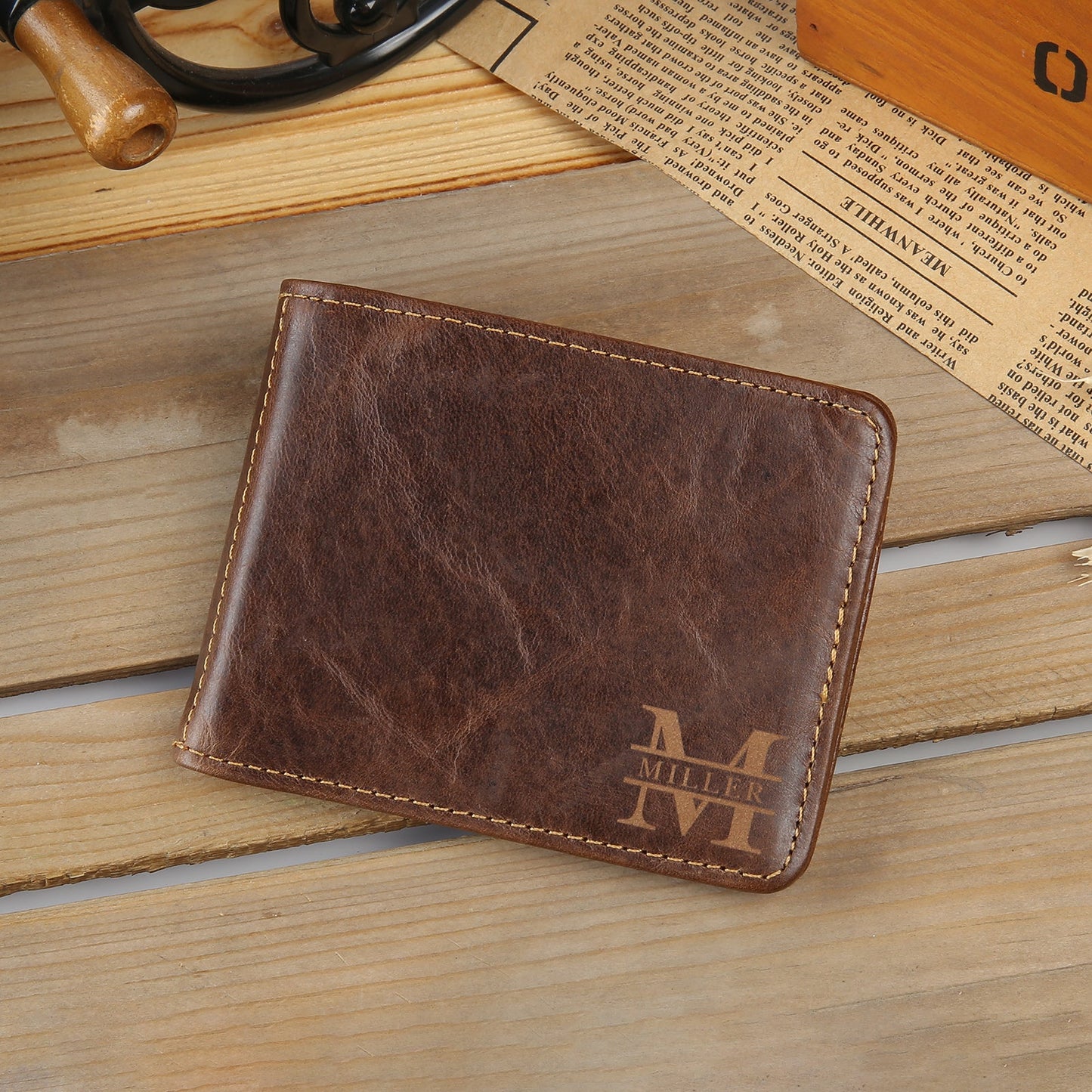 ThinkEngraved Custom Keychain Personalized Men's Leather Bi-fold Wallet Card Holder Monogram and Name