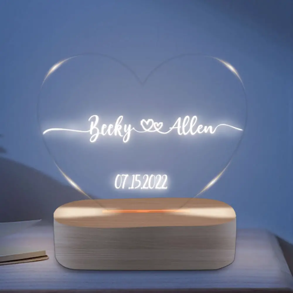 ThinkEngraved custom light Personalized Heart Light 2 Engraved Names and Date - Couples Gift