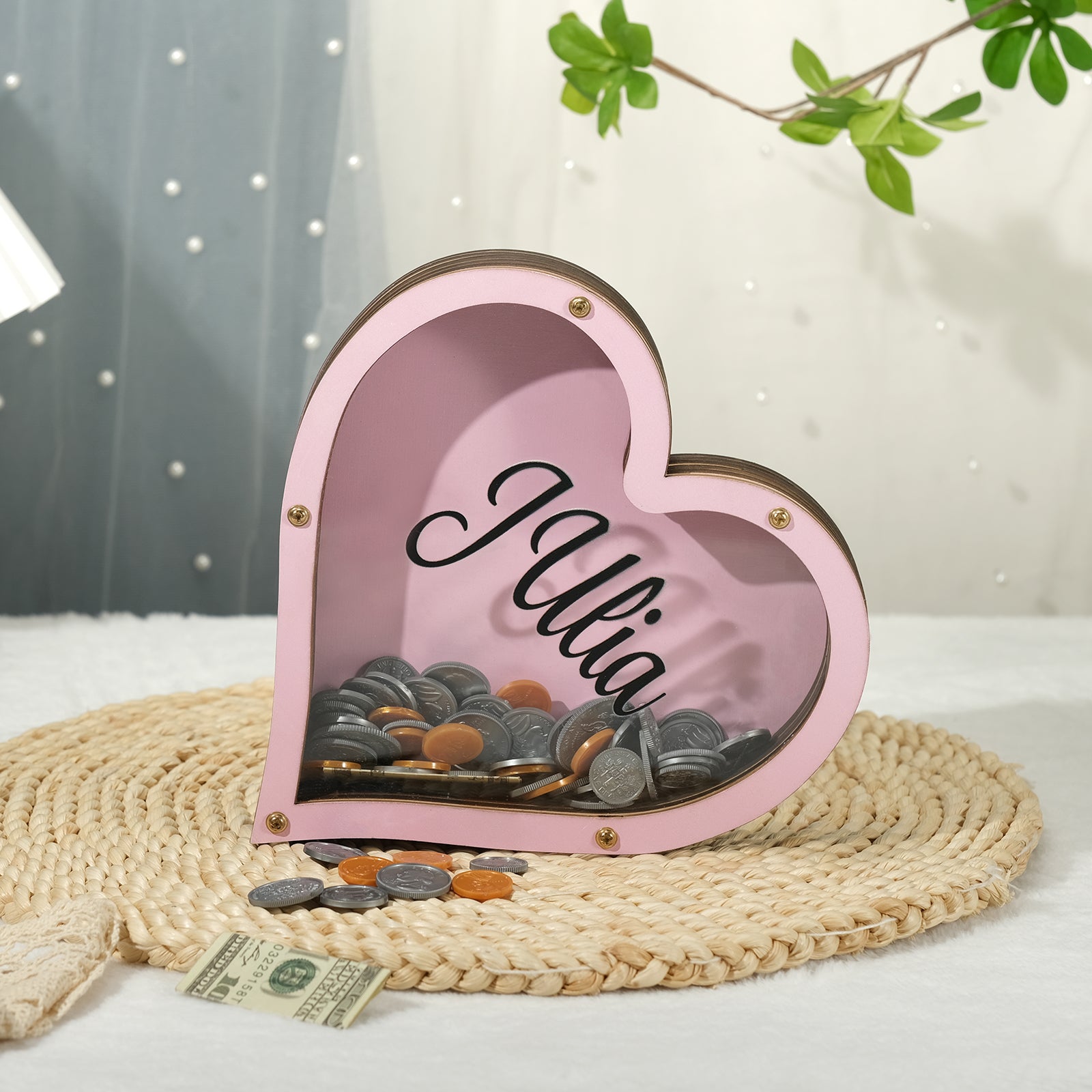 ThinkEngraved Custom Piggy Bank Personalized Handmade Wood Pink Heart Piggy Bank - Name Piggy Bank