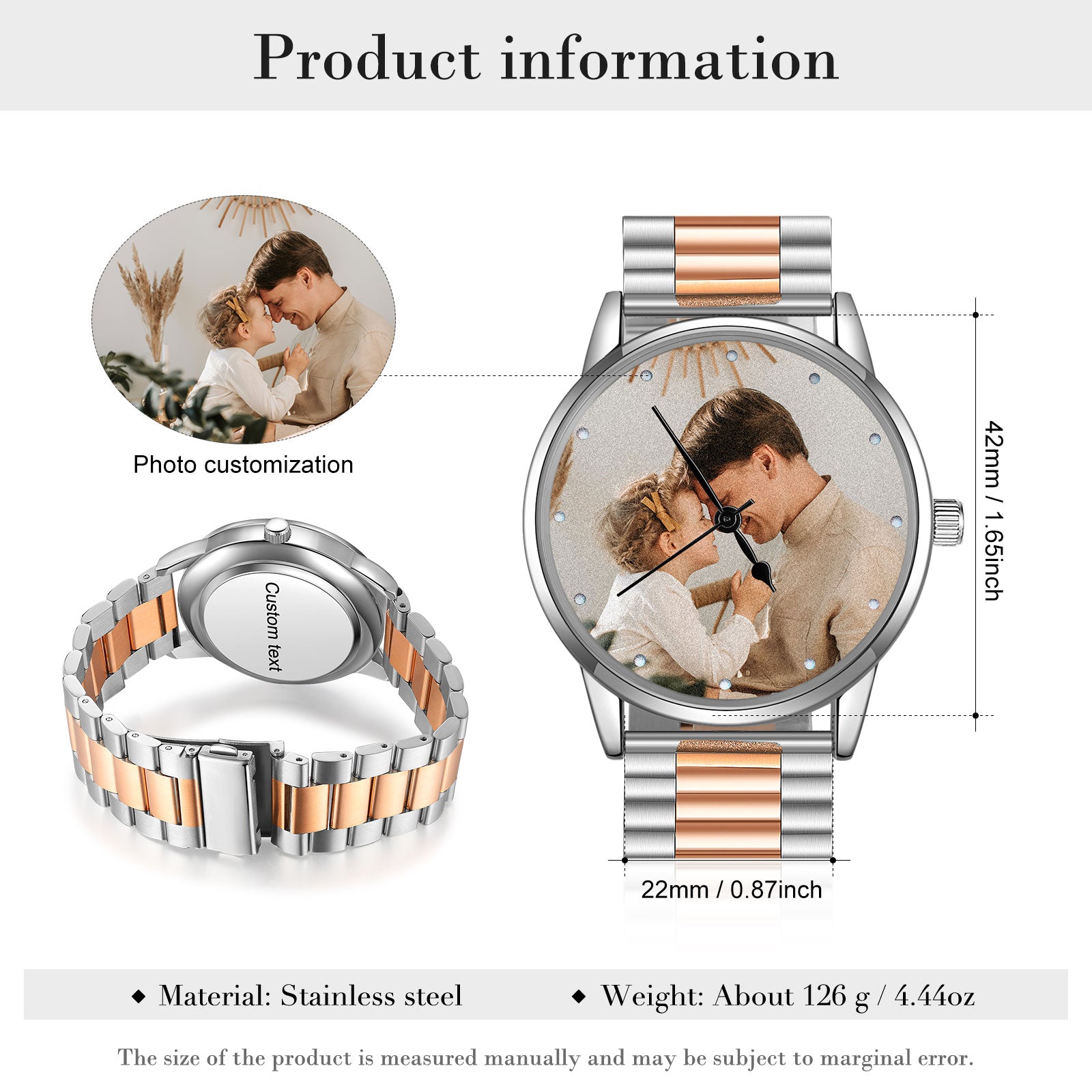ThinkEngraved Custom watch Personalized Men's Photo Watch With Engraving Silver Rose Gold Father's Day