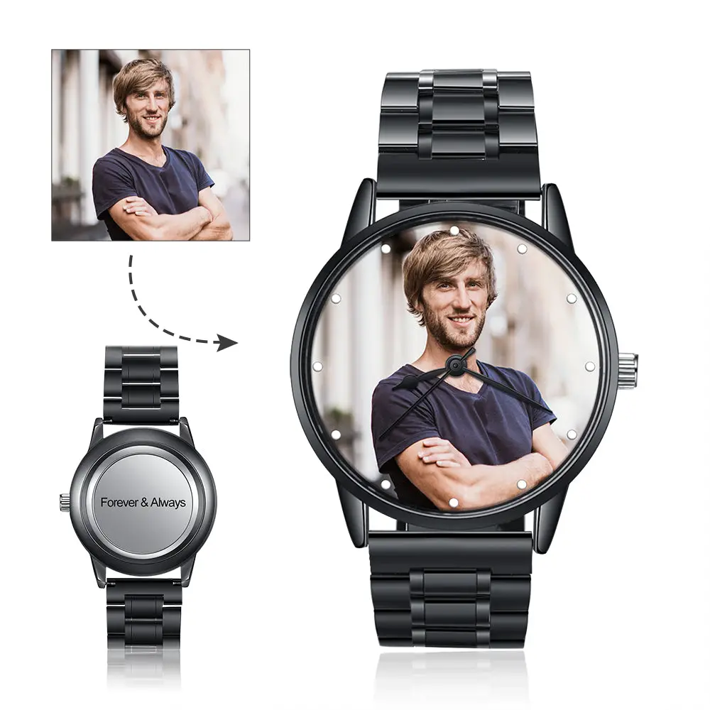ThinkEngraved Custom watch Personalized Photo and Custom Message Black Band Black Bezel