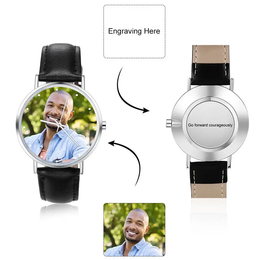 ThinkEngraved Custom watch Personalized Photo and Custom Message Watch Black Leather Band