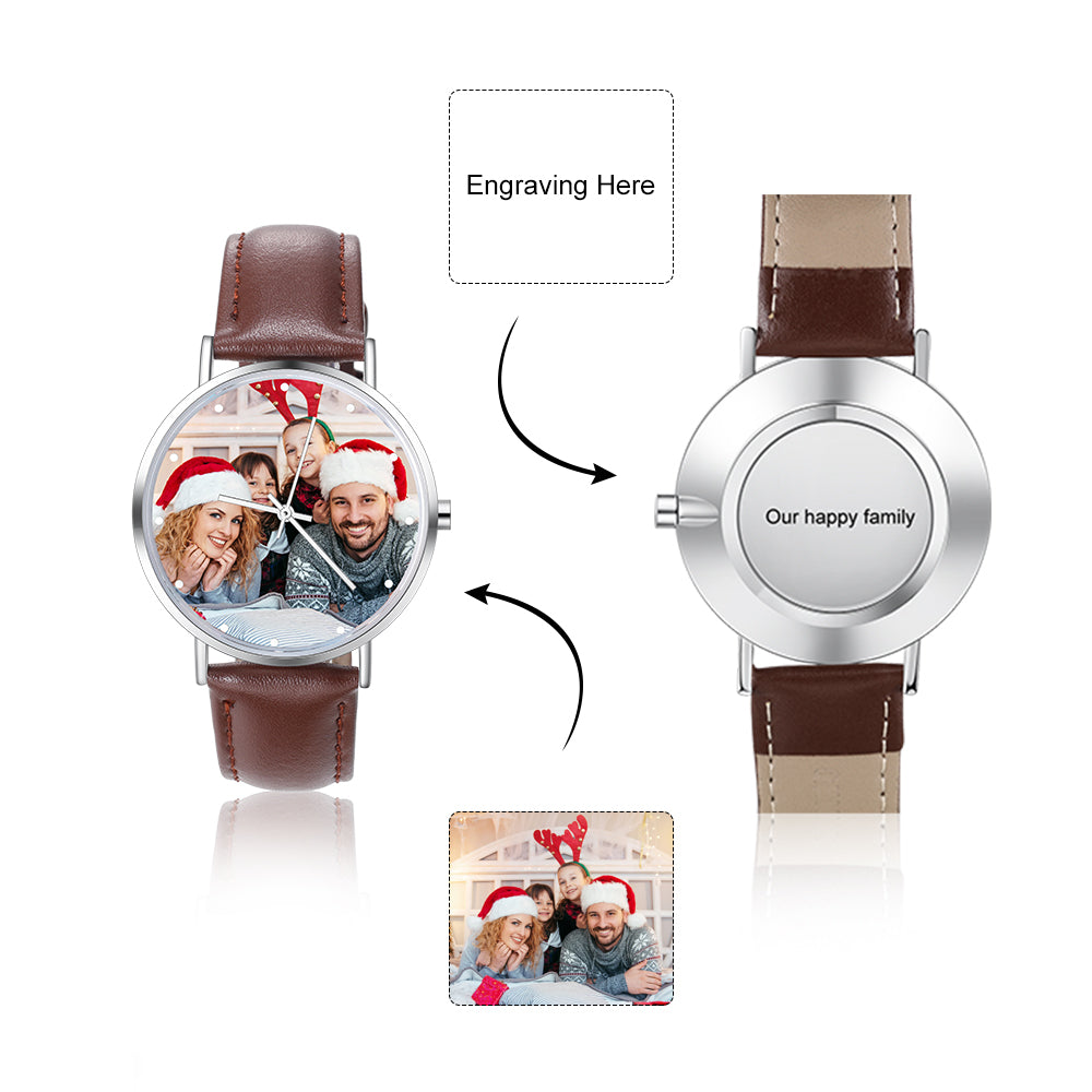 Customisable Watch With Text Personalized Photo and Custom Message Watch Brown Leather Band – Think ...