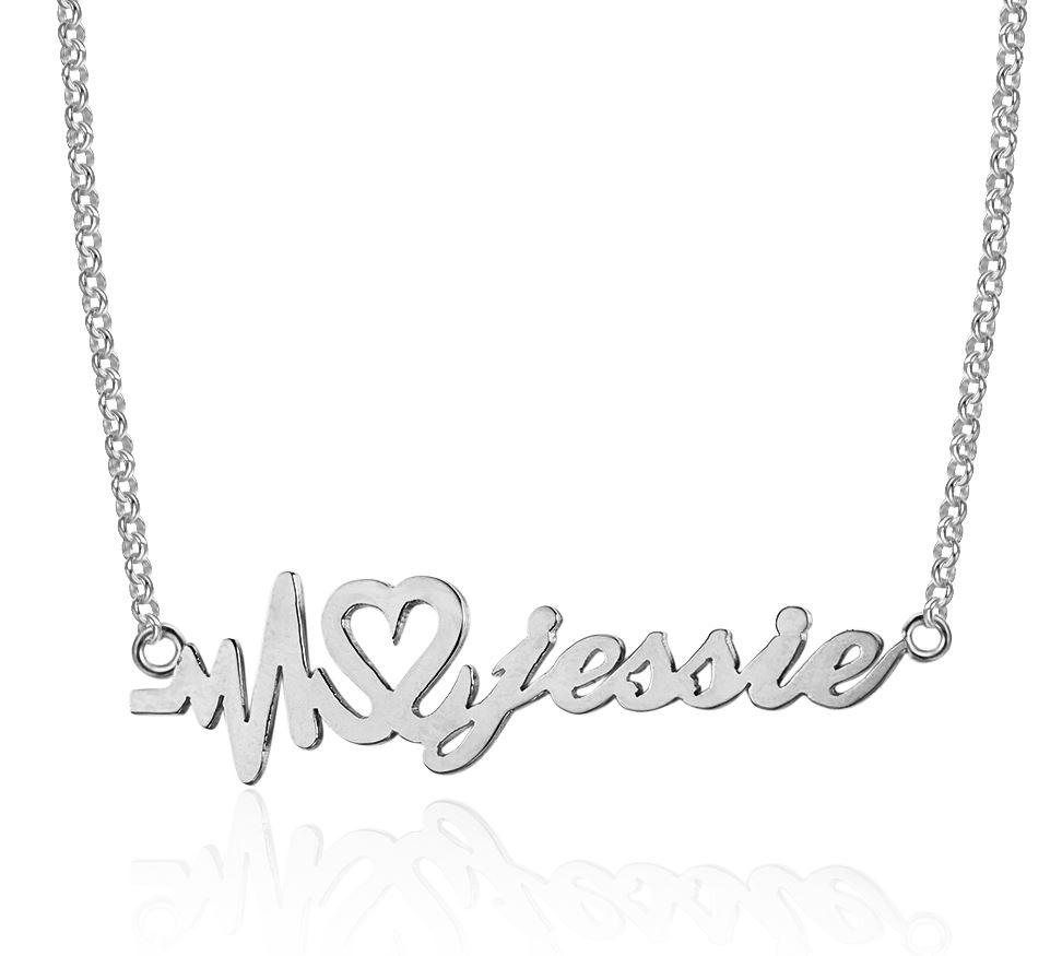 ThinkEngraved cutout .925 sterling silver Personalized Heartbeat Name Necklace - Silver Gold or Rose Gold