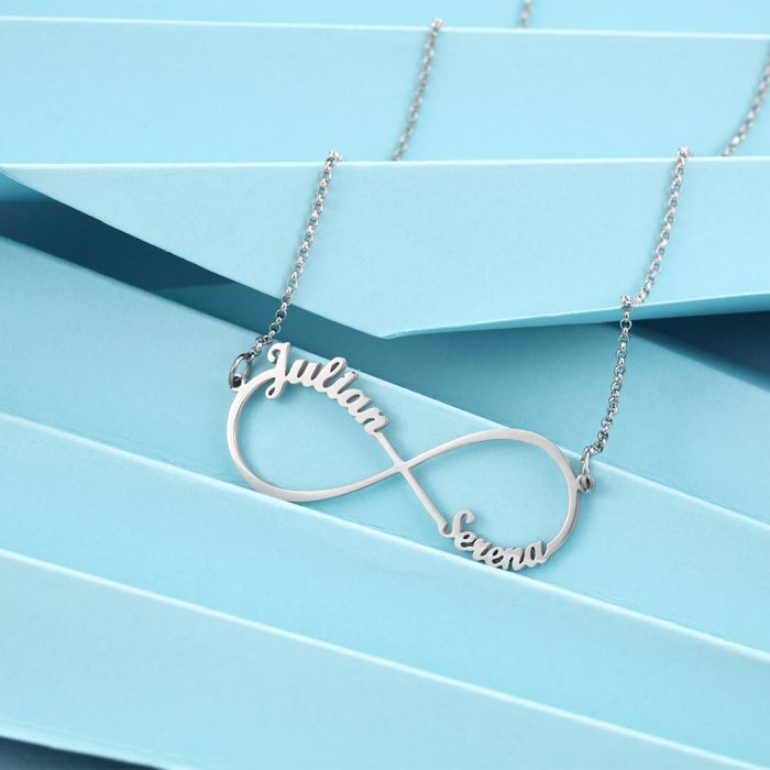ThinkEngraved cutout Personalized 2 Cursive Names Infinity Name Necklace Stainless Steel